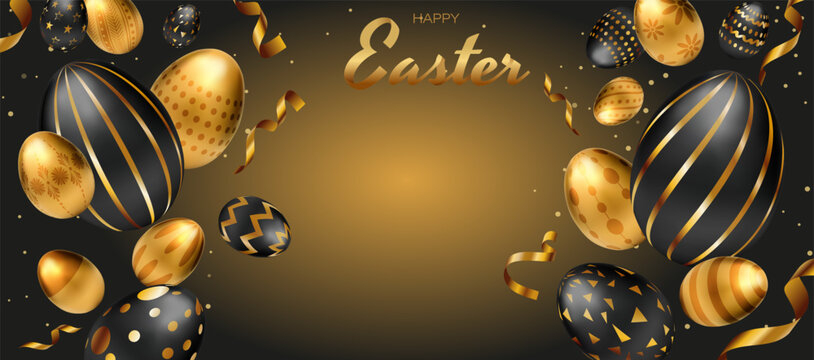 Luxury happy Easter card, banner, poster, greeting card, holiday cover, header web, hunt celebration design. Happy easter eggs banner background card. Template with golden eggs. Vector illustration