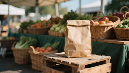 Blank kraft paper pouch mockup at a farmer's market, perfect for displaying organic and natural food products