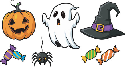 Cartoon halloween elements including a smiling pumpkin ghost witch hat and candies