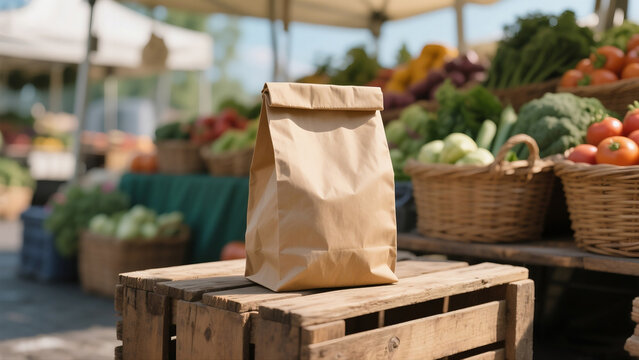 Blank kraft paper pouch mockup at a farmer's market, perfect for displaying organic and natural food products