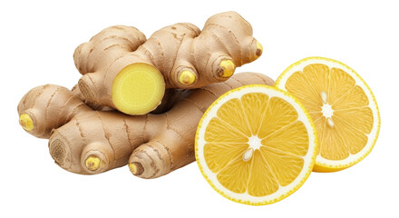 Isolated Fresh Ginger Root with Lemon Slices
