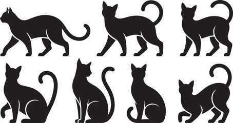 Set of black cat silhouette vector illustrations in various poses