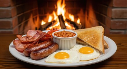Breakfast plate eggs bacon toast sausage beans fireplace warm