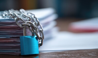 Stack of documents secured by a chain and padlock