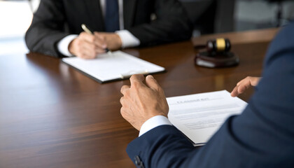 Close-up of a businessman's hand signing a contract document at an office meeting