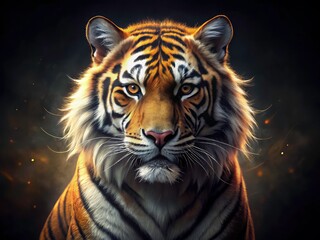 Naklejka premium Majestic Tiger Drone Portrait: Golden Stripes, Intense Gaze, Dark Background