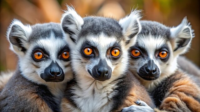 A closeup portrait of three ringtailed lemurs with striking orange eyes