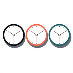 Three colorful modern wall clocks in a row
