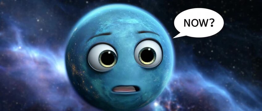 Cosmic speed dating event with celestial bodies, featuring an anxious blue planet questioning the situation with the word "NOW?" in a thought bubble.
