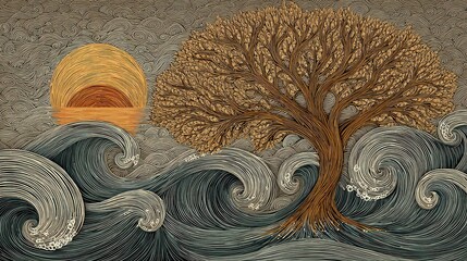 A stylized depiction of a tree standing amidst turbulent waves, with a sunset in the background.