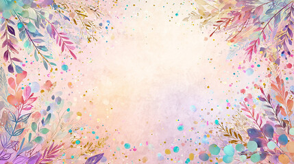 A vibrant and joyful greeting card design, featuring surrounded by watercolor floral wreaths, confetti, and sparkling glitter details. Soft pastel background with a subtle gradient, modern minimalist 