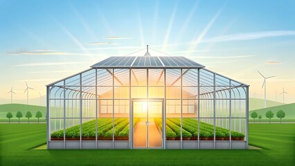 Fototapeta premium Modern greenhouse with rows of plants bathed in warm sunlight and wind turbines in the background