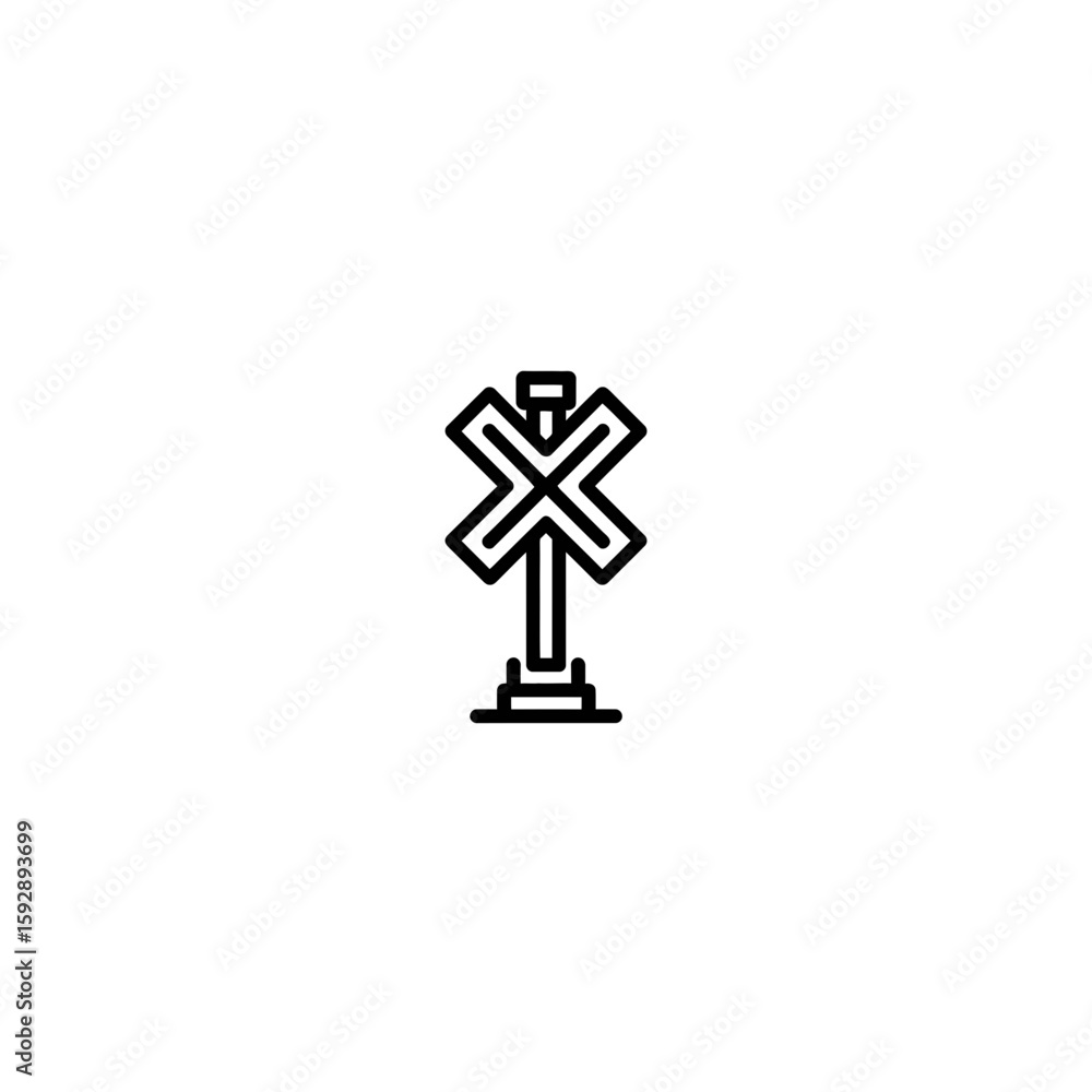 Poster warning signal presents imminent railroad crossing danger in minimalist setting with white backdrop