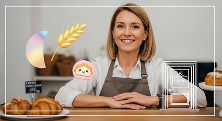 Smiling woman baker in apron with baked goods and open sign at her bakery