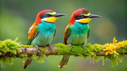 Two colorful european beeeaters perch on a mosscovered branch in lush greenery