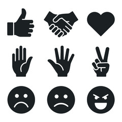 Fototapeta premium Hand Gesture Icons A Collection of Symbolic Hand Signals Representing Thumbs Up Handshake Heart Palm Peace Sadness and Anger for Communication and Expression