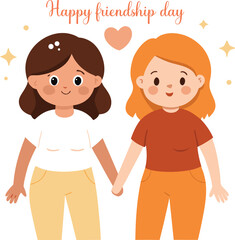 Fototapeta premium Two happy young women holding hands and smiling in a friendly gesture celebrating friendship day with a heart symbol above them isolated on transparent background