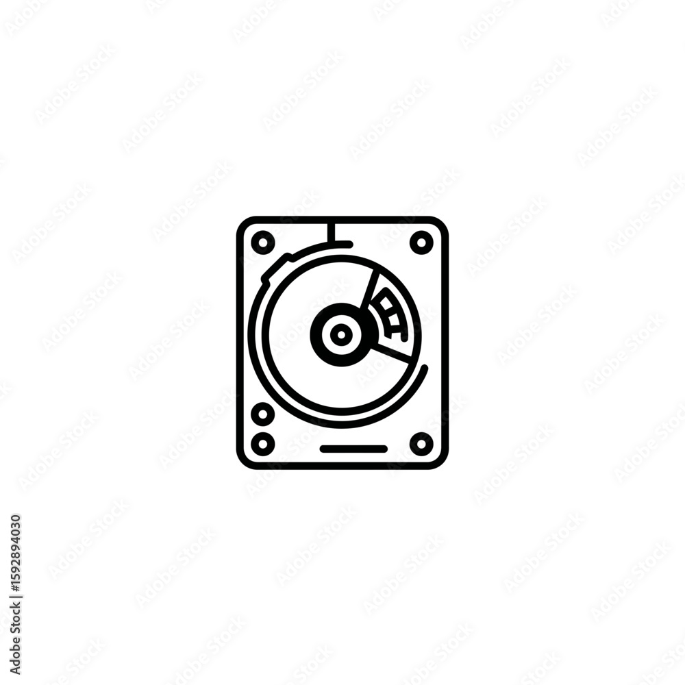 Poster harddrive outline spins data storage inside computing device schematic black and white