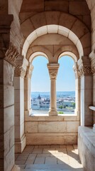 Fototapeta premium Textured Stone Archways and Columns Illuminated by Daylight – Immersive Historic Visual for Cultural Heritage and Travel Campaigns