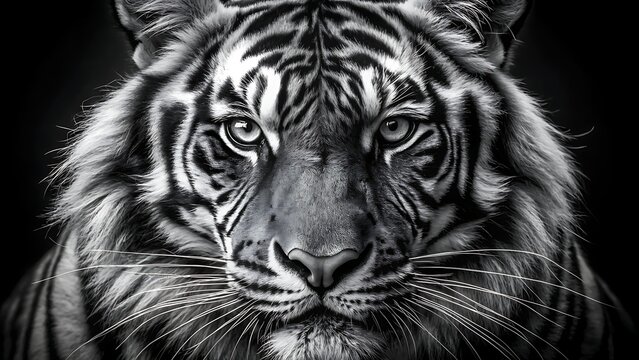 A striking black and white closeup portrait of a tigers fierce face
