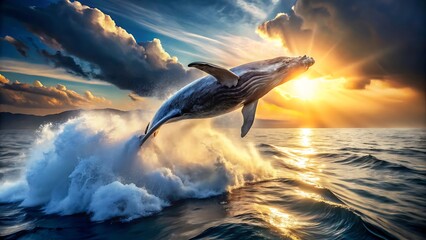 Obraz premium A majestic humpback whale breaches the ocean waves at sunset