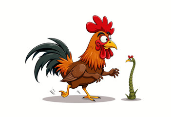 Cartoon rooster running towards a playful green worm character  