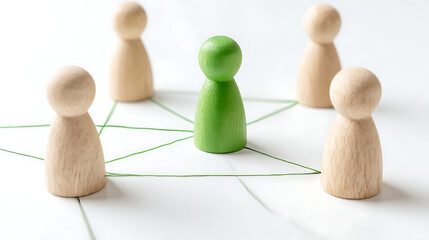 Obraz premium Wooden figures connected by green lines connection network