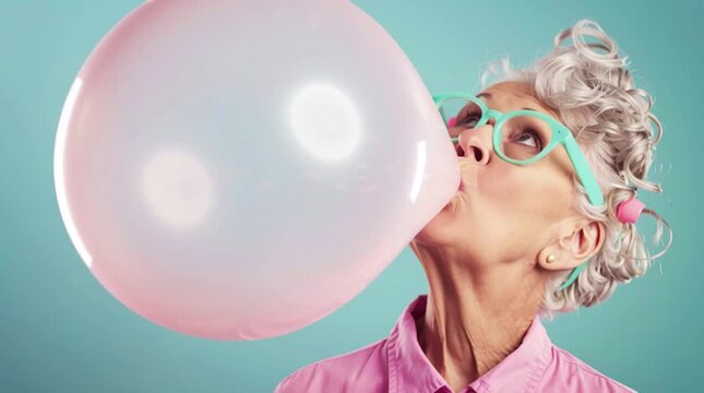 grandma chewing gum buble, AI generated video