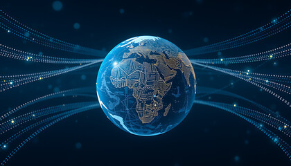 Obraz premium A glowing digital earth globe showcases global connectivity, digital transformation, and worldwide network solutions with streams of data against a dark background.