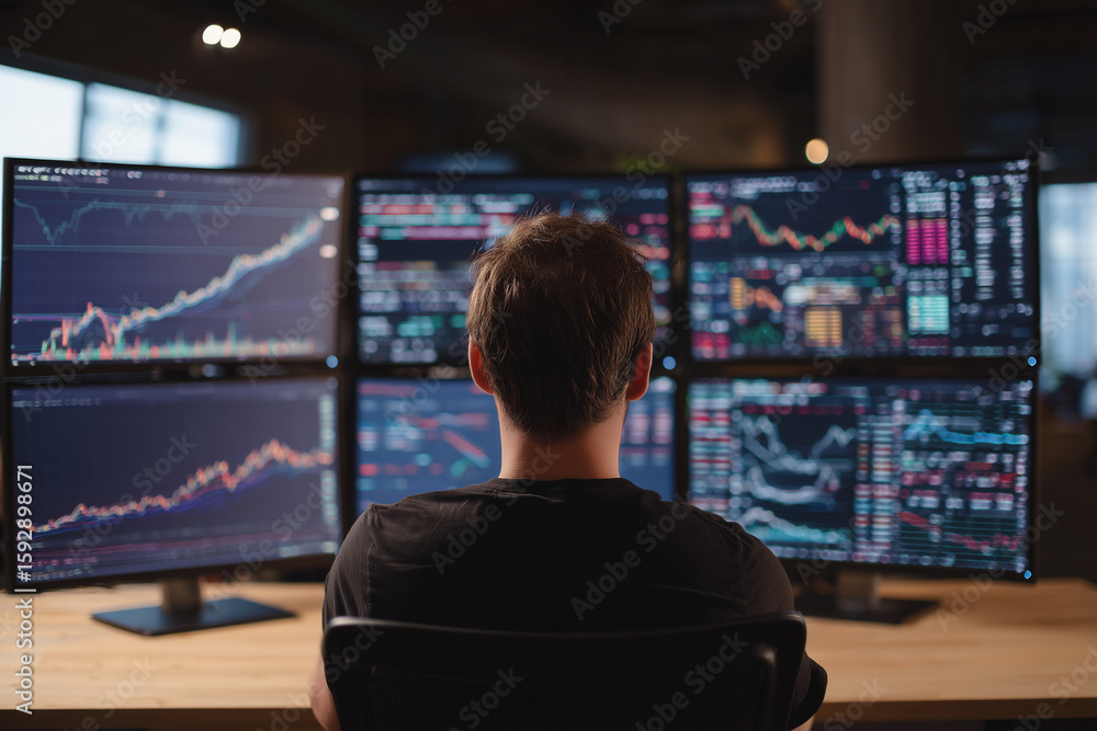 Poster a man is sitting in front of four computer monitors