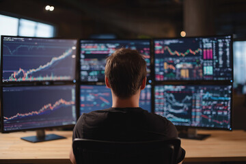 Fototapeta premium A man is sitting in front of four computer monitors