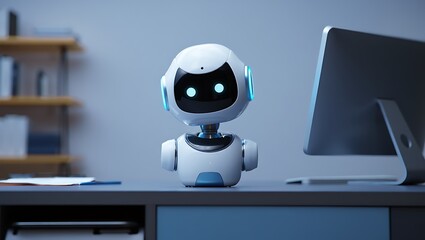 Fototapeta premium Adorable Futuristic Robot Companion Sitting on a Desk Next to a Computer Monitor