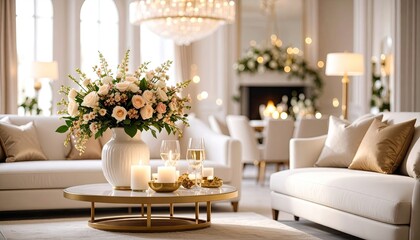 Elegant living room with flowers and candles