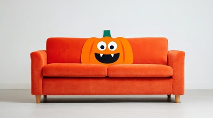 Cute orange pumpkin plush with monster face on sofa – perfect for Halloween kids decor and toy sale