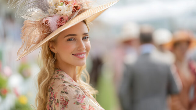 Refined woman in elegant feathered fascinator and floral ensemble at exclusive horse racing event epitomizing old money sophistication
