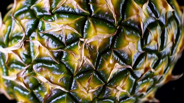 ultra detailed 4k macro footage captured with a Laowa 24mm probe lens reveals the vibrant yellow green texture and uniquely patterned rough skin of a tropical pineapple in cinematic dolly motion