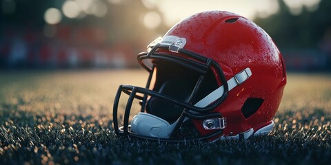A shiny red football helmet on the grass. It is a piece of sports equipment for protecting players during games.