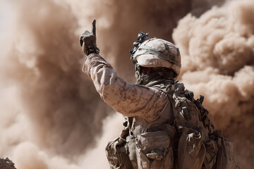 A soldier in a desert with a hand raised in the air