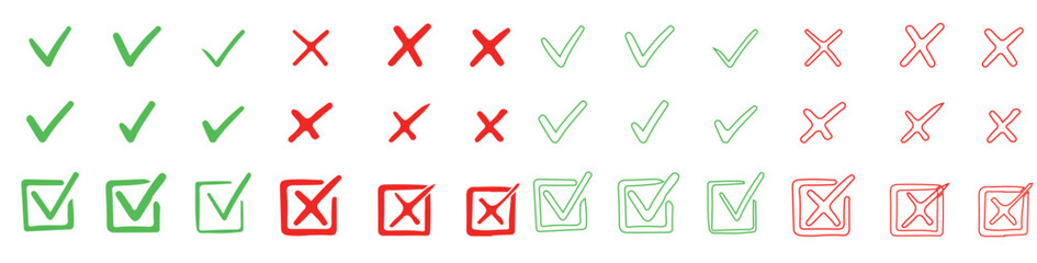 Hand Drawn Check Mark and X-Mark Set: Yes/No, Correct/Incorrect Symbols for Checklists