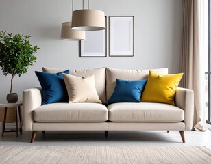 Modern living room with a beige sofa and colorful pillows