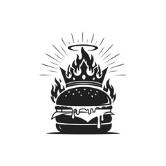 A stylized burger with a crown on top surrounded by flames and radiating lines on a white background