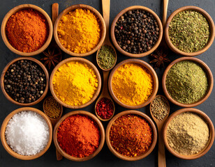 Vibrant Spice Collection: Aromatic Herbs and Spices in Wooden Bowls