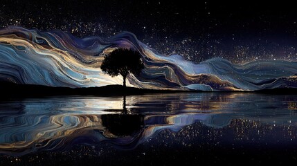 Silhouetted tree by a reflective lake under a starry night sky.
