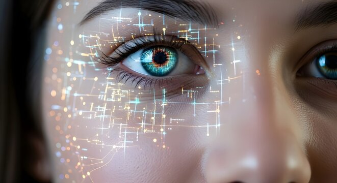 Close-up of Woman's Eye with Digital Data Overlay - Powered by Adobe