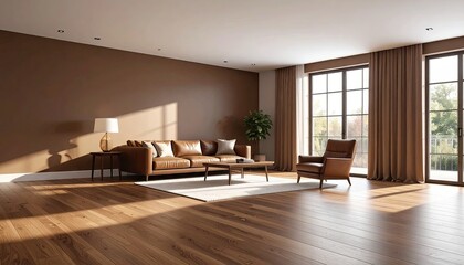 Spacious modern living room with brown tones and natural light
