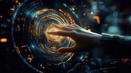 Hand interacting with a glowing digital interface featuring intricate circular patterns and bright light