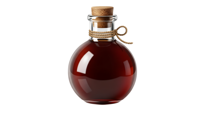 Glass bottle with dark liquid isolated on transparent background