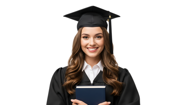 Smiling graduate woman in cap and gown holding a book isolated on transparent background