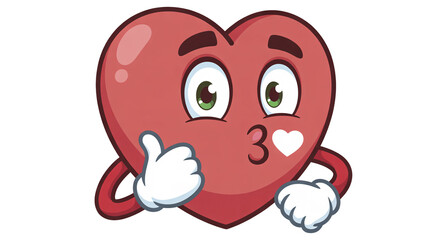 Obraz premium A cheerful cartoon heart is giving a thumbs up and blowing a kiss, isolated on transparent background, spreading love and positivity