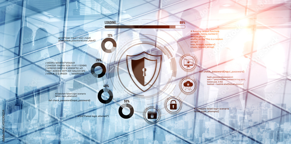 Poster cyber security protects against breaches, hacks, and network attacks using strong infrastructure and